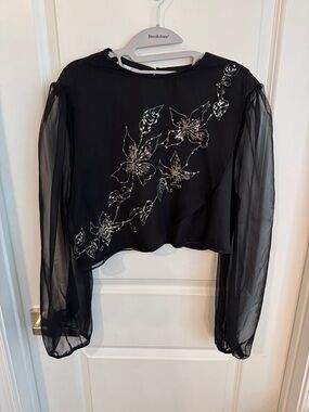Black Sheer-Sleeve Floral Sequin Blouse